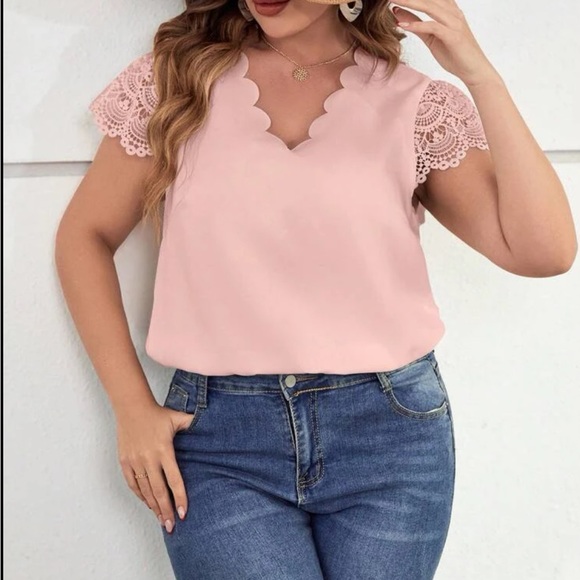 Plus Size Sheer Lace Sleeve Scallop Trim Top Blouse Shirt White - Picture 12 of 16